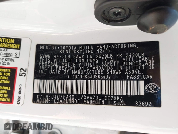 2018 Toyota Camry LE with VIN 4T1B11HK5JU565402, listed as a IAAI auction lot 41824110 with 105,659 mi miles. Bid and sale history available at carsss.com. Image 9.