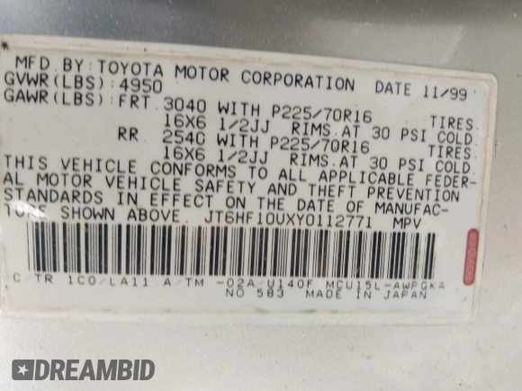 2000 Lexus RX 300 with VIN JT6HF10UXY0112771, listed as a IAAI auction lot 41793188 with 213,484 mi miles and . Bid and sale history available at DreamBid. Image 9.