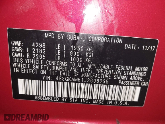 2018 Subaru Impreza Special Sports with VIN 4S3GKAM61J3608235, listed as a IAAI auction lot 41740733 with 103,042 mi miles and . Bid and sale history available at DreamBid. Image 9.