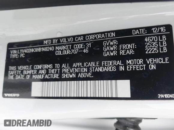2017 Volvo S60 Inscription with VIN LYV402HKXHB148240, listed as a IAAI auction lot 41618292 with 77,870 mi miles. Bid and sale history available at carsss.com. Image 9.