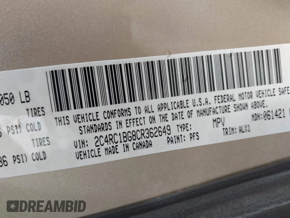 2012 Chrysler Town & Country Touring with VIN 2C4RC1BG8CR362649, listed as a IAAI auction lot 41929036 with 162,870 mi miles. Bid and sale history available at carsss.com. Image 9.