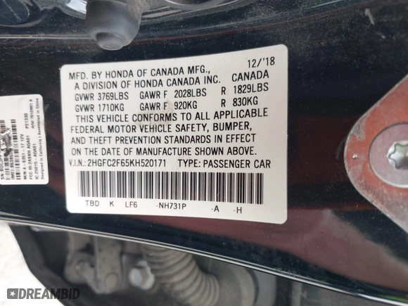 2019 Honda Civic Sedan LX with VIN 2HGFC2F65KH520171, listed as a IAAI auction lot 41725830 with 107,558 mi miles. Bid and sale history available at carsss.com. Image 9.