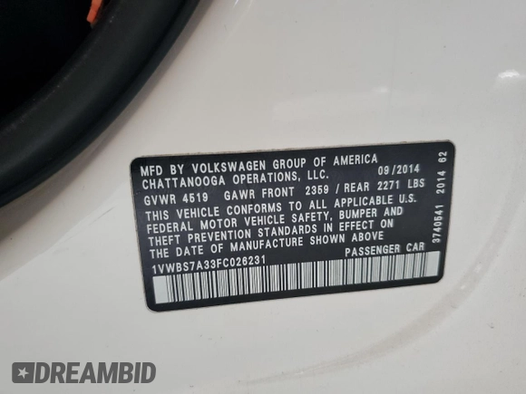 2015 Volkswagen Passat SE with VIN 1VWBS7A33FC026231, listed as a Copart auction lot 52021205 with 180,507 mi miles and Salvage title. Bid and sale history available at DreamBid. Image 12.