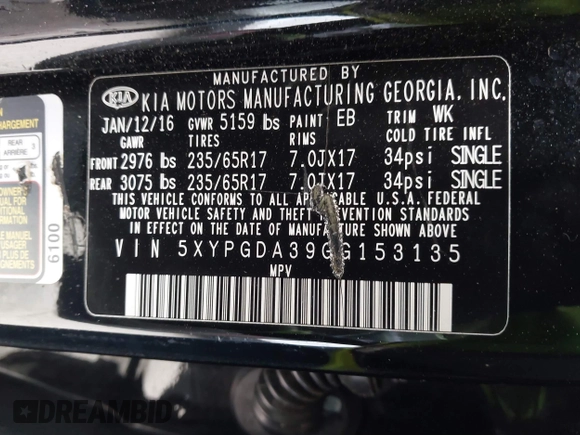 2016 Kia Sorento LX with VIN 5XYPGDA39GG153135, listed as a IAAI auction lot 41903352 with 144,557 mi miles. Bid and sale history available at carsss.com. Image 9.