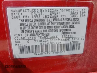 2017 Nissan Sentra S with VIN 3N1AB7AP6HY404508, listed as a IAAI auction lot 41943134 with 54,649 mi miles and . Bid and sale history available at carsss.com. Image 9.