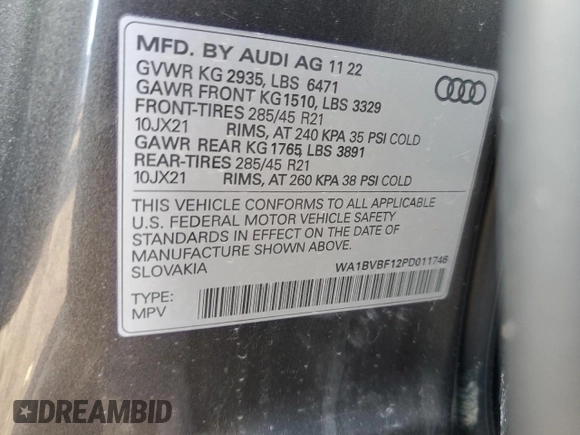 2023 Audi Q8 Premium Plus with VIN WA1BVBF12PD011746, listed as a Copart auction lot 51333805 with 13,575 mi miles and Salvage title. Bid and sale history available at DreamBid. Image 13.