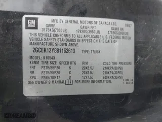 2008 Chevrolet Silverado 1500 LTZ with VIN 2GCEK13Y881162613, listed as a IAAI auction lot 41893222 with 192,078 mi miles. Bid and sale history available at carsss.com. Image 9.