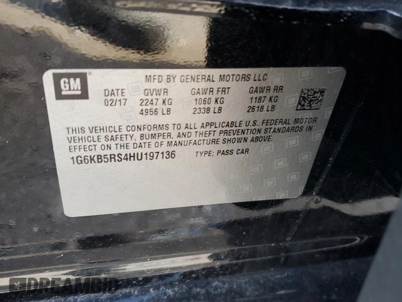 2017 Cadillac CT6 AWD with VIN 1G6KB5RS4HU197136, listed as a Copart auction lot 50876124 with Not provided miles and Salvage title. Bid and sale history available at DreamBid. Image 12.