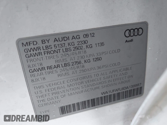 2013 Audi allroad Premium Plus with VIN WA1UFAFL8DA139987, listed as a IAAI auction lot 40978375 with 92,862 mi miles. Bid and sale history available at carsss.com. Image 9.