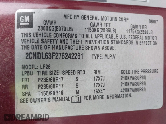 2007 Chevrolet Equinox LT with VIN 2CNDL63F276242281, listed as a IAAI auction lot 41903233 with 207,923 mi miles. Bid and sale history available at carsss.com. Image 9.