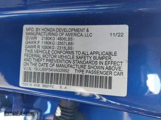 2022 Acura TLX w/A-Spec Package with VIN 19UUB5F54NA005992, listed as a IAAI auction lot 41709228 with 22,134 mi miles. Bid and sale history available at carsss.com. Image 9.