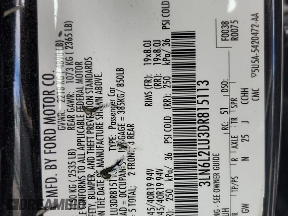 2013 Lincoln MKZ Hybrid with VIN 3LN6L2LU3DR815113, listed as a Copart auction lot 63924525 with 217,808 mi miles and Clean title. Bid and sale history available at DreamBid. Image 12.