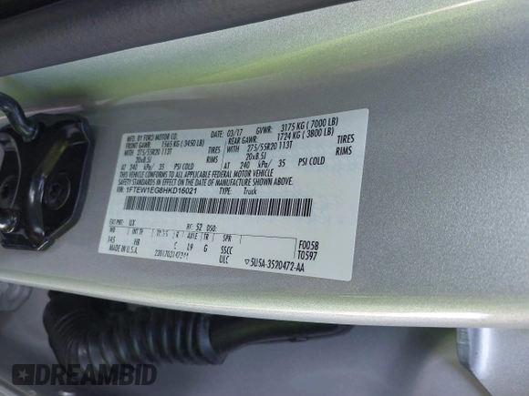 2017 Ford F-150 XL with VIN 1FTEW1EG8HKD16021, listed as a IAAI auction lot 41751766 with 1 mi miles. Bid and sale history available at carsss.com. Image 9.