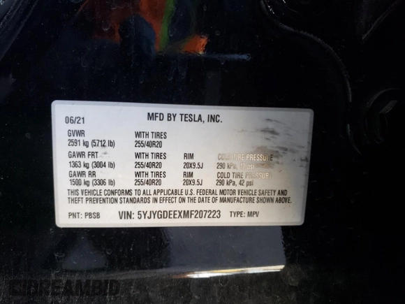2021 Tesla Model Y Long Range z VIN 5YJYGDEEXMF207223, wystawiony jako Copart lot #48800445 z przebiegiem 44 508 mil mil oraz Szkoda całkowita • Salvage title. Historia ofert i sprzedaży dostępna na DreamBid. Obrazek 14.