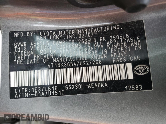 2007 Toyota Avalon XL with VIN 4T1BK36B47U227266, listed as a Copart auction lot 50178895 with 268,151 mi miles and Salvage Title. Bid and sale history available at carsss.com. Image 12.