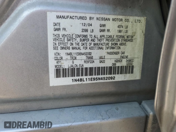 2005 Nissan Altima 3.5 SE with VIN 1N4BL11E95N452092, listed as a Copart auction lot 46681245 with 254,125 mi miles and Salvage Title. Bid and sale history available at carsss.com. Image 12.