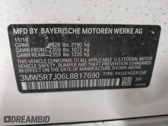 2020 BMW 3 Series 330i xDrive with VIN 3MW5R7J06L8B17690, listed as a IAAI auction lot 41659559 with 74,357 mi miles. Bid and sale history available at carsss.com. Image 9.