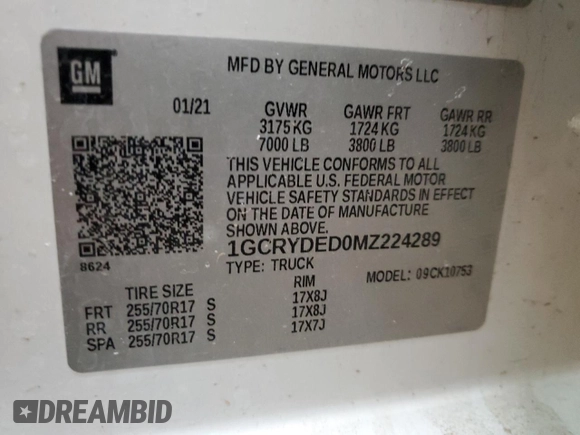 2021 Chevrolet Silverado 1500 LT with VIN 1GCRYDED0MZ224289, listed as a Copart auction lot 41636375 with 97,485 mi miles and Salvage Title. Bid and sale history available at DreamBid. Image 12.