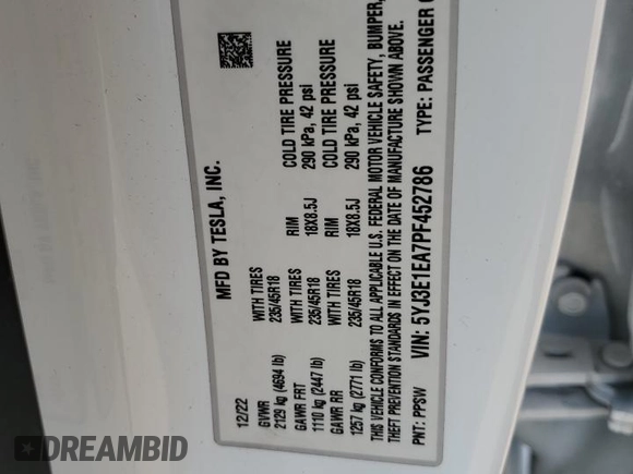 2023 Tesla Model 3 с VIN 5YJ3E1EA7PF452786, выставлен на аукционе Copart как лот 52570005 с пробегом 61 492 миль миль и Списание • Salvage title. История ставок и продаж доступна на DreamBid. Изображение 14.