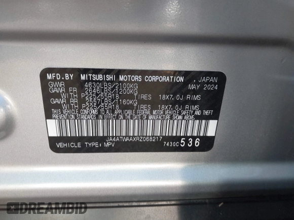 2024 Mitsubishi Eclipse Cross SE with VIN JA4ATWAAXRZ068217, listed as a IAAI auction lot 42249631 with 18,702 mi miles and . Bid and sale history available at DreamBid. Image 9.