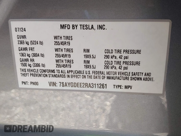 2024 Tesla Model Y Long Range with VIN 7SAYGDEE2RA311261, listed as a IAAI auction lot 41534010 with Not Provided miles and . Bid and sale history available at DreamBid. Image 9.