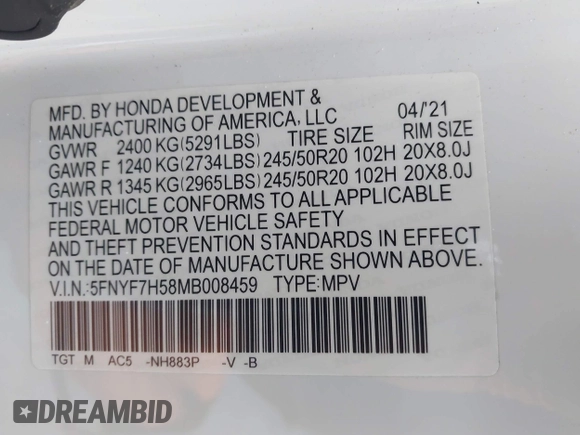 2021 Honda Passport EX-L with VIN 5FNYF7H58MB008459, listed as a IAAI auction lot 41920918 with 72,353 mi miles and . Bid and sale history available at DreamBid. Image 9.