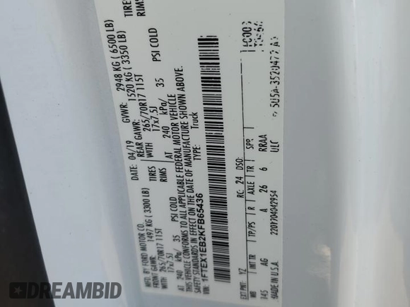 2019 Ford F-150 XL with VIN 1FTEX1EB2KFB65436, listed as a Copart auction lot 60785865 with Not provided miles and Salvage title. Bid and sale history available at DreamBid. Image 12.