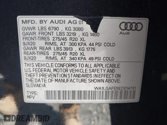 2014 Audi Q7 Premium Plus with VIN WA1LGAFE5ED014701, listed as a IAAI auction lot 42107552 with 98,919 mi miles and . Bid and sale history available at DreamBid. Image 9.