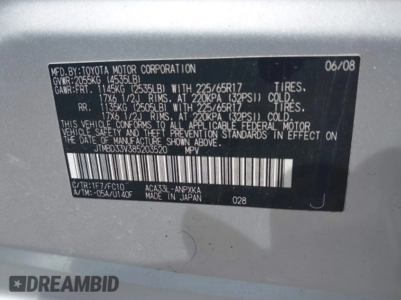 2008 Toyota RAV4 with VIN JTMBD33V385203520, listed as a IAAI auction lot 42141654 with 130,057 mi miles. Bid and sale history available at carsss.com. Image 9.