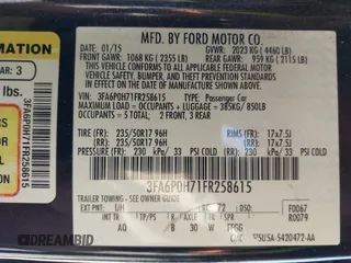 2015 Ford Fusion SE with VIN 3FA6P0H71FR258615, listed as a IAAI auction lot 41994439 with 185,410 mi miles and . Bid and sale history available at carsss.com. Image 9.
