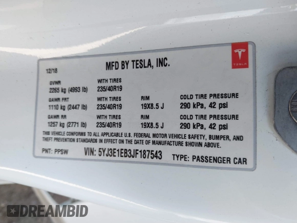 2018 Tesla Model 3 Long Range Battery z VIN 5YJ3E1EB3JF187543, wystawiony jako IAAI lot #41879169 z przebiegiem 74 144 mil mil oraz . Historia ofert i sprzedaży dostępna na DreamBid. Obrazek 9.