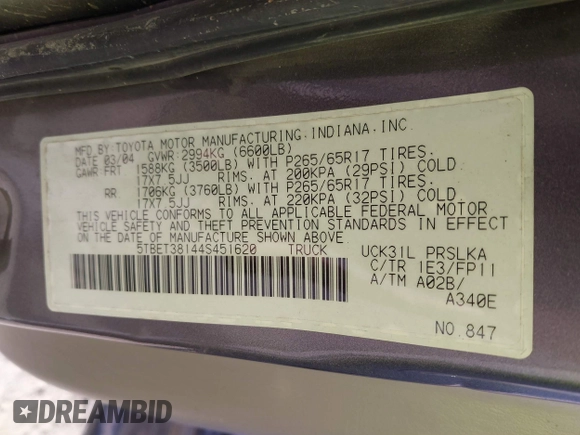 2004 Toyota Tundra Limited with VIN 5TBET38144S451620, listed as a IAAI auction lot 41399718 with 198,808 mi miles and . Bid and sale history available at DreamBid. Image 9.