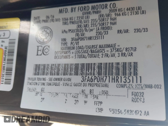 2017 Ford Fusion SE z VIN 3FA6P0H71HR135111, wystawiony jako IAAI lot #42454080 z przebiegiem 120 355 mil mil oraz . Historia ofert i sprzedaży dostępna na DreamBid. Obrazek 9.