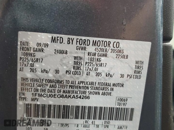 2010 Ford Escape Limited with VIN 1FMCU0EG8AKA54266, listed as a Copart auction lot 59367135 with 123,598 mi miles and Salvage title. Bid and sale history available at DreamBid. Image 13.