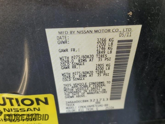 2011 Nissan Titan SL with VIN 1N6AA0EC8BN321713, listed as a Copart auction lot 41663045 with 141,328 mi miles and Salvage Title. Bid and sale history available at carsss.com. Image 13.