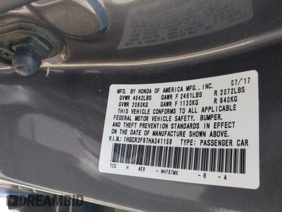 2017 Honda Accord Touring with VIN 1HGCR3F97HA041159, listed as a IAAI auction lot 42205195 with Not provided miles and . Bid and sale history available at DreamBid. Image 9.