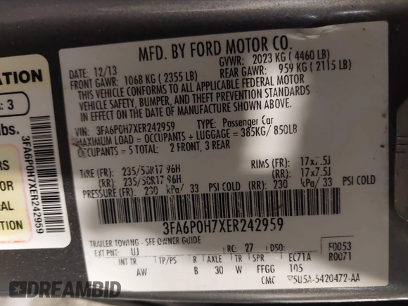 2014 Ford Fusion SE with VIN 3FA6P0H7XER242959, listed as a IAAI auction lot 41162453 with 239,528 mi miles. Bid and sale history available at carsss.com. Image 9.