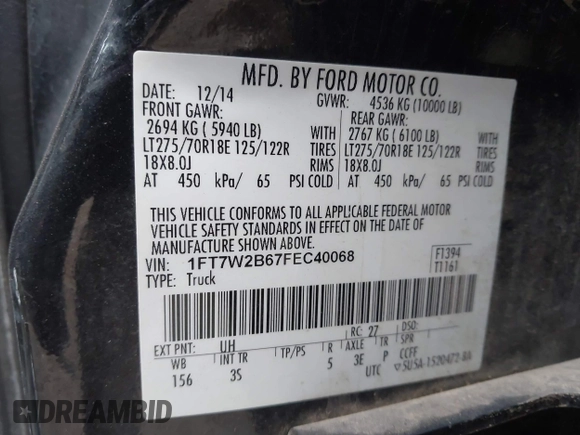 2015 Ford F-250 Lariat with VIN 1FT7W2B67FEC40068, listed as a IAAI auction lot 41830833 with 84,555 mi miles and . Bid and sale history available at DreamBid. Image 9.