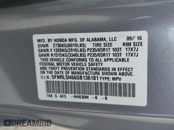 2016 Honda Odyssey EX-L with VIN 5FNRL5H66GB136181, listed as a Copart auction lot 81350074 with 103,175 mi miles and Salvage Title. Bid and sale history available at DreamBid. Image 13.