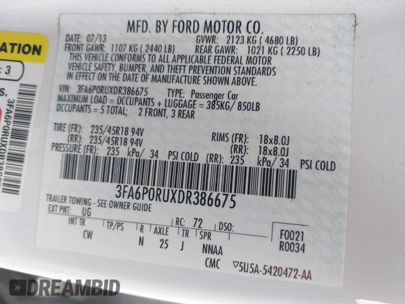 2013 Ford Fusion Titanium Hybrid with VIN 3FA6P0RUXDR386675, listed as a IAAI auction lot 42013986 with 89,349 mi miles. Bid and sale history available at carsss.com. Image 9.