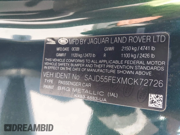 2021 Jaguar F-Type with VIN SAJD55FEXMCK72726, listed as a IAAI auction lot 41850145 with 29,891 mi miles and . Bid and sale history available at DreamBid. Image 9.