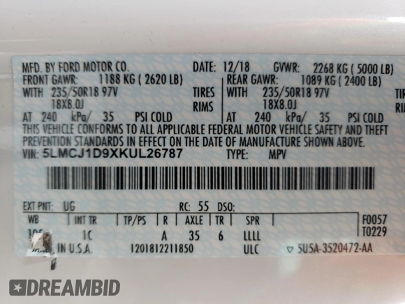 2019 Lincoln MKC Standard with VIN 5LMCJ1D9XKUL26787, listed as a Copart auction lot 40276364 with 81,052 mi miles and . Bid and sale history available at DreamBid. Image 13.