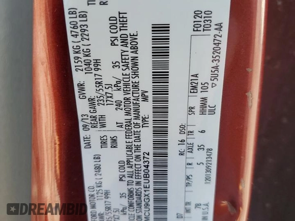 2014 Ford Escape SE with VIN 1FMCU9GX1EUB04372, listed as a Copart auction lot 49874705 with 201,106 mi miles and Salvage Title. Bid and sale history available at DreamBid. Image 13.