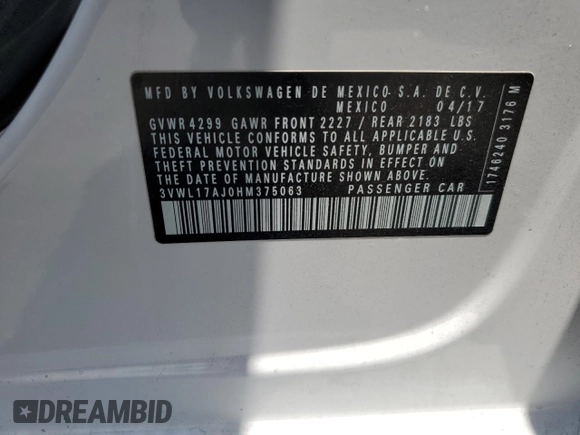 2017 Volkswagen Jetta SEL с VIN 3VWL17AJ0HM375063, выставлен на аукционе Copart как лот 61608925 с пробегом 181 108 миль миль и Списание • Salvage title. История ставок и продаж доступна на DreamBid. Изображение 12.
