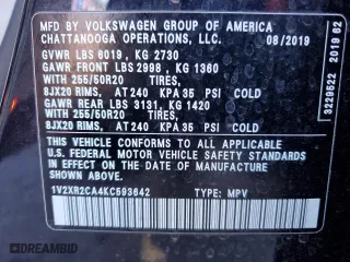 2019 Volkswagen Atlas 3.6L V6 SE w/Technology R-Line with VIN 1V2XR2CA4KC593642, listed as a Copart auction lot 45690315 with 56,454 mi miles and Salvage Title. Bid and sale history available at carsss.com. Image 13.