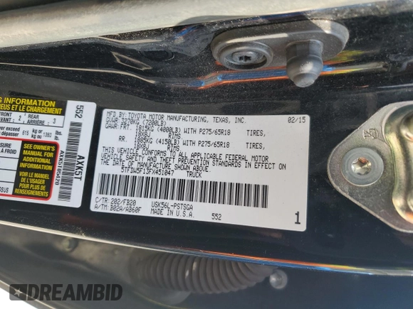 2015 Toyota Tundra SR5 z VIN 5TFDW5F13FX451047, wystawiony jako Copart lot #50040375 z przebiegiem 104 657 mil mil oraz Szkoda całkowita • Salvage title. Historia ofert i sprzedaży dostępna na DreamBid. Obrazek 12.