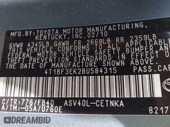 2011 Toyota Camry LE with VIN 4T1BF3EK2BU584315, listed as a IAAI auction lot 42186725 with 99,126 mi miles and . Bid and sale history available at DreamBid. Image 9.