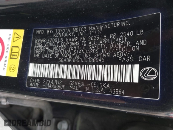 2018 Lexus ES with VIN 58ABK1GG0JU088946, listed as a IAAI auction lot 41720270 with 154,064 mi miles. Bid and sale history available at carsss.com. Image 9.