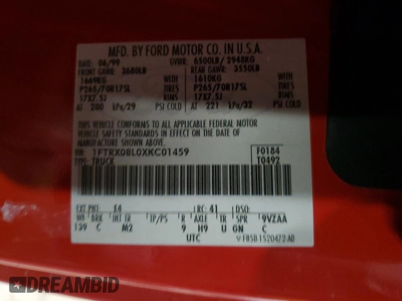 1999 Ford F-150 XL z VIN 1FTRX08L0XKC01459, wystawiony jako Copart lot #84442944 z przebiegiem 226 916 mil mil oraz Szkoda całkowita • Salvage title. Historia ofert i sprzedaży dostępna na DreamBid. Obrazek 12.