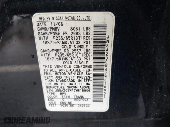 2007 Nissan Murano SE z VIN JN8AZ08W47W618906, wystawiony jako IAAI lot #41962559 z przebiegiem 162 708 mil mil oraz . Historia ofert i sprzedaży dostępna na DreamBid. Obrazek 9.